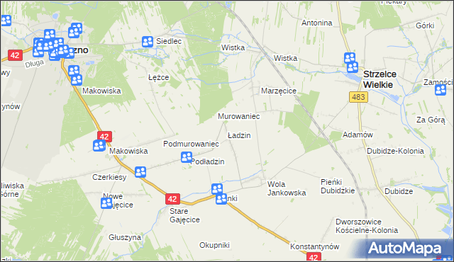 mapa Ładzin gmina Pajęczno, Ładzin gmina Pajęczno na mapie Targeo