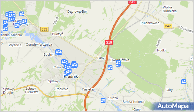 mapa Lasy gmina Kraśnik, Lasy gmina Kraśnik na mapie Targeo