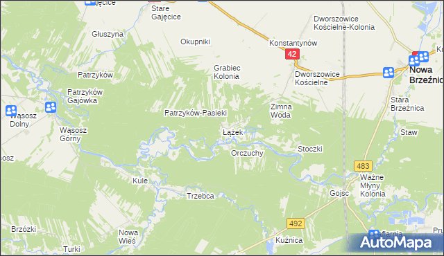 mapa Łążek gmina Nowa Brzeźnica, Łążek gmina Nowa Brzeźnica na mapie Targeo