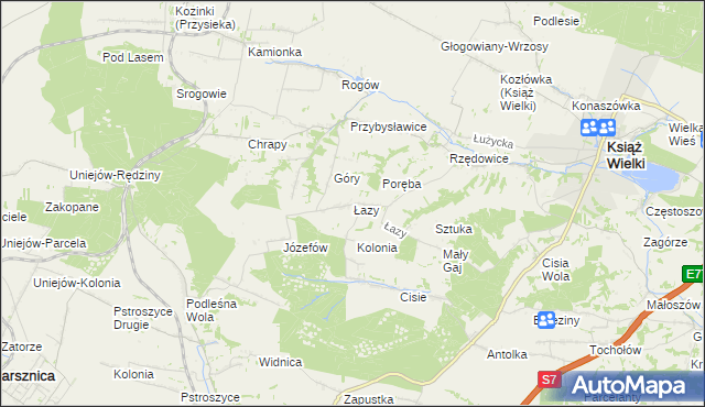 mapa Łazy gmina Książ Wielki, Łazy gmina Książ Wielki na mapie Targeo