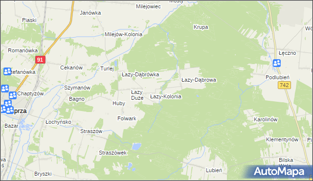 mapa Łazy gmina Sulejów, Łazy gmina Sulejów na mapie Targeo