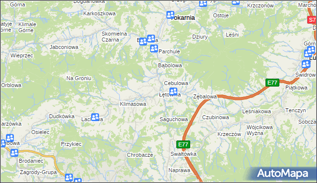 mapa Łętownia gmina Jordanów, Łętownia gmina Jordanów na mapie Targeo