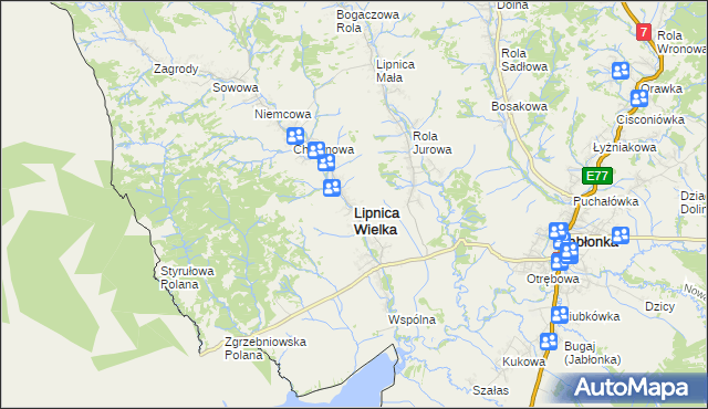 mapa Lipnica Wielka powiat nowotarski, Lipnica Wielka powiat nowotarski na mapie Targeo