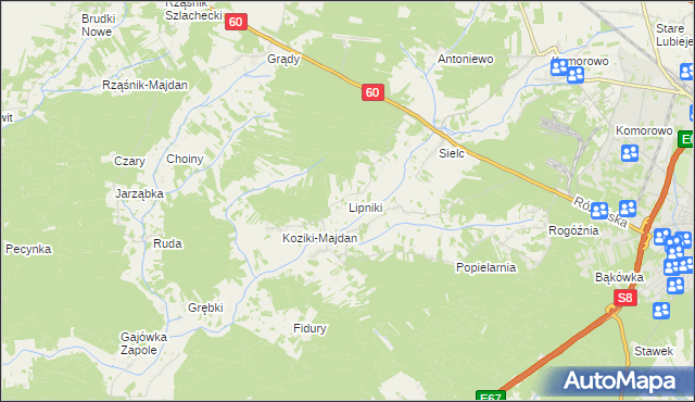mapa Lipniki gmina Ostrów Mazowiecka, Lipniki gmina Ostrów Mazowiecka na mapie Targeo