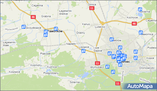 mapa Lisowice gmina Pawonków, Lisowice gmina Pawonków na mapie Targeo