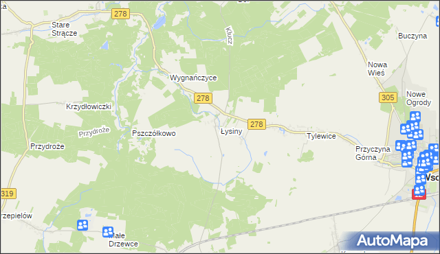 mapa Łysiny gmina Wschowa, Łysiny gmina Wschowa na mapie Targeo