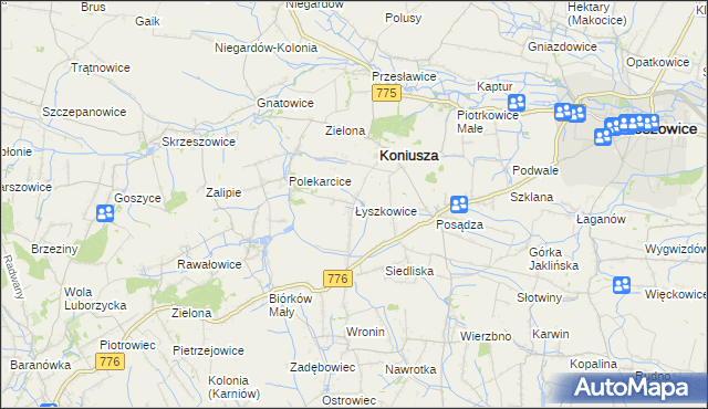 mapa Łyszkowice gmina Koniusza, Łyszkowice gmina Koniusza na mapie Targeo