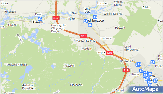 mapa Majdan gmina Modliborzyce, Majdan gmina Modliborzyce na mapie Targeo