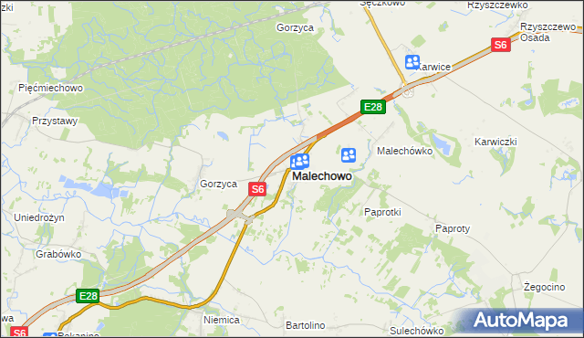mapa Malechowo powiat sławieński, Malechowo powiat sławieński na mapie Targeo
