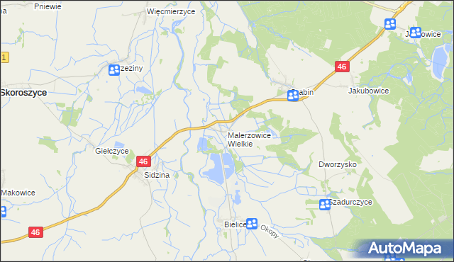 mapa Malerzowice Wielkie, Malerzowice Wielkie na mapie Targeo