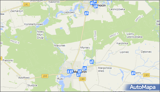 mapa Młynary gmina Margonin, Młynary gmina Margonin na mapie Targeo