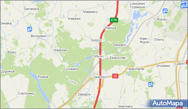 mapa Młynki gmina Tczew, Młynki gmina Tczew na mapie Targeo
