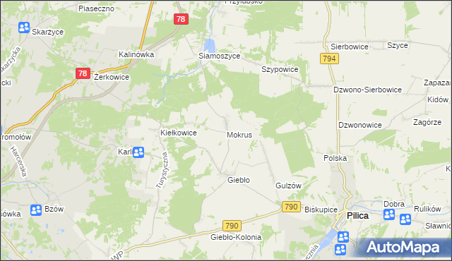 mapa Mokrus gmina Ogrodzieniec, Mokrus gmina Ogrodzieniec na mapie Targeo