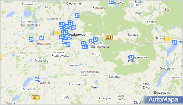 mapa Mrozy gmina Sierakowice, Mrozy gmina Sierakowice na mapie Targeo