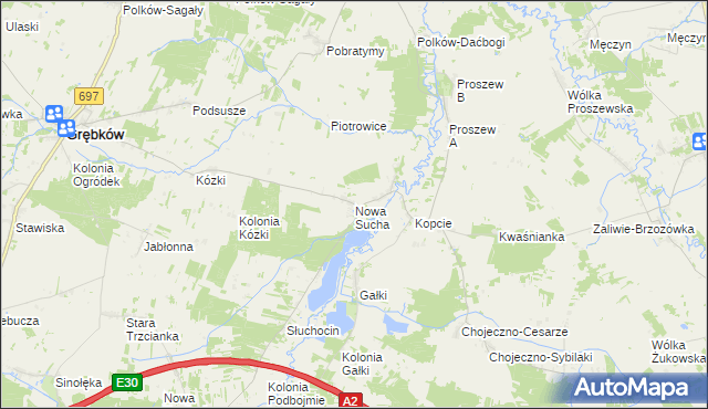 mapa Nowa Sucha gmina Grębków, Nowa Sucha gmina Grębków na mapie Targeo