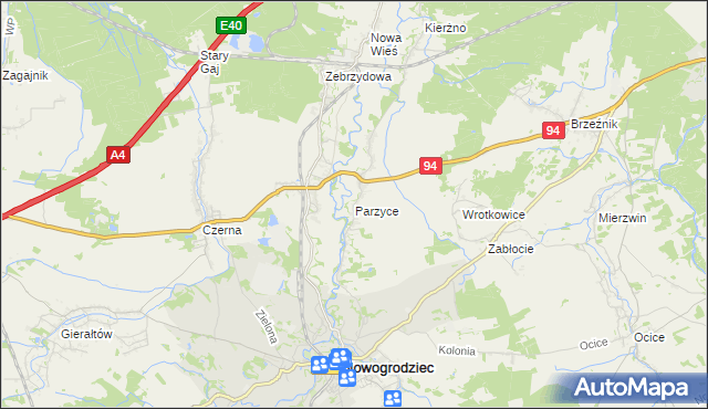 mapa Parzyce gmina Nowogrodziec, Parzyce gmina Nowogrodziec na mapie Targeo