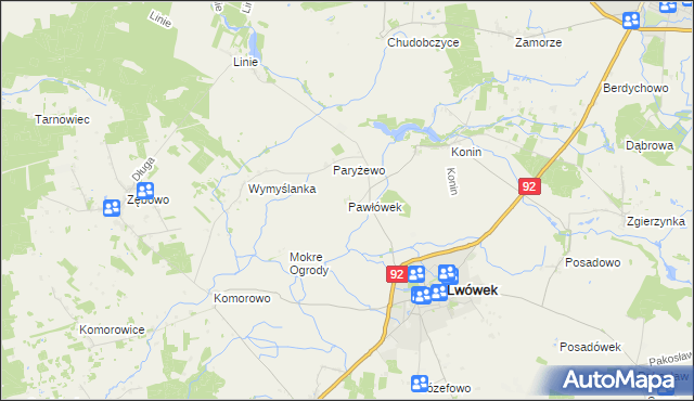 mapa Pawłówek gmina Lwówek, Pawłówek gmina Lwówek na mapie Targeo