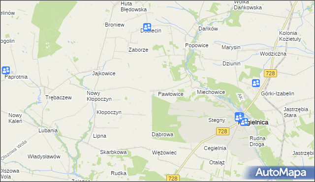 mapa Pawłowice gmina Mogielnica, Pawłowice gmina Mogielnica na mapie Targeo