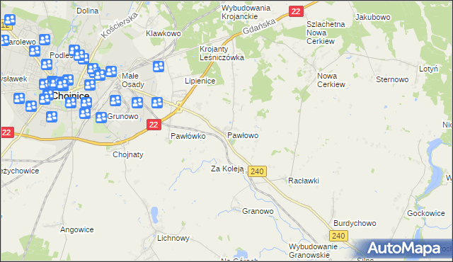 mapa Pawłowo gmina Chojnice, Pawłowo gmina Chojnice na mapie Targeo