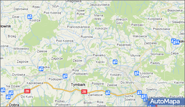 mapa Piekiełko gmina Tymbark, Piekiełko gmina Tymbark na mapie Targeo