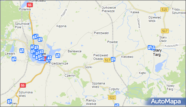 mapa Pietrzwałd Osada, Pietrzwałd Osada na mapie Targeo