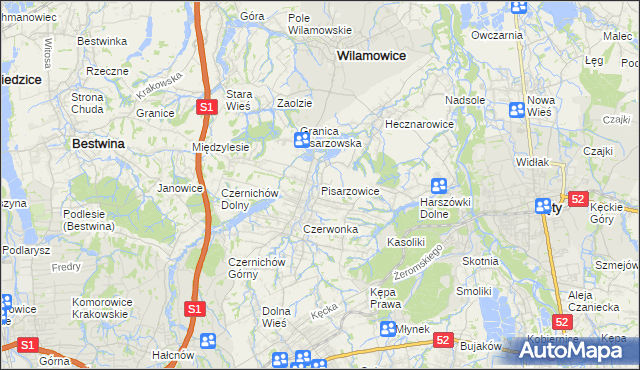 mapa Pisarzowice gmina Wilamowice, Pisarzowice gmina Wilamowice na mapie Targeo