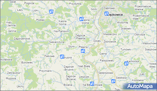 mapa Pławna gmina Ciężkowice, Pławna gmina Ciężkowice na mapie Targeo