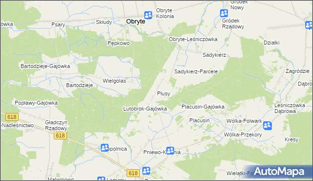 mapa Płusy gmina Obryte, Płusy gmina Obryte na mapie Targeo