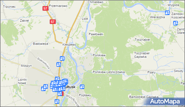 mapa Ponikiew gmina Pułtusk, Ponikiew gmina Pułtusk na mapie Targeo