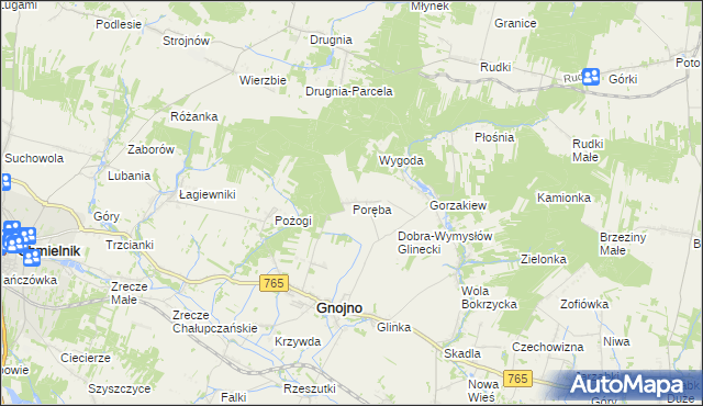 mapa Poręba gmina Gnojno, Poręba gmina Gnojno na mapie Targeo