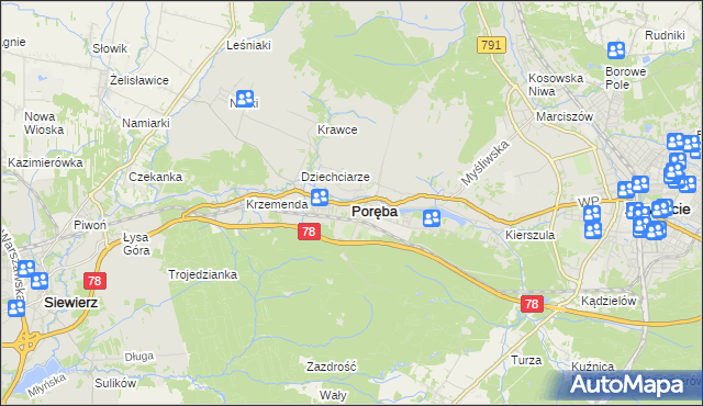 mapa Poręba powiat zawierciański, Poręba powiat zawierciański na mapie Targeo