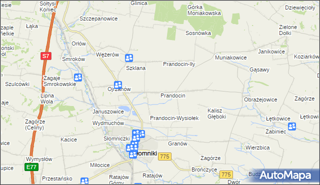 mapa Prandocin gmina Słomniki, Prandocin gmina Słomniki na mapie Targeo