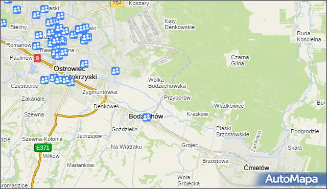 mapa Przyborów gmina Bodzechów, Przyborów gmina Bodzechów na mapie Targeo