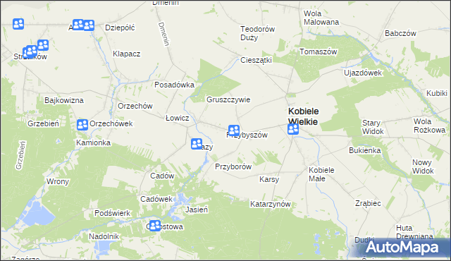 mapa Przybyszów gmina Kobiele Wielkie, Przybyszów gmina Kobiele Wielkie na mapie Targeo