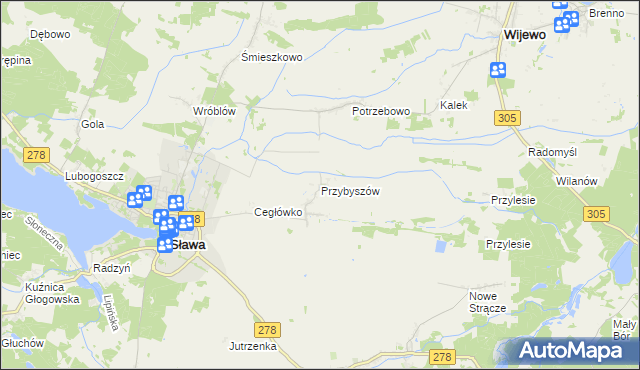 mapa Przybyszów gmina Sława, Przybyszów gmina Sława na mapie Targeo