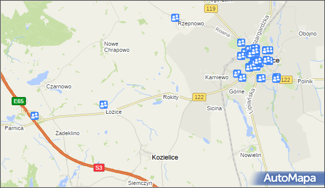 mapa Rokity gmina Kozielice, Rokity gmina Kozielice na mapie Targeo