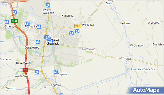 mapa Roszkowo gmina Pruszcz Gdański, Roszkowo gmina Pruszcz Gdański na mapie Targeo