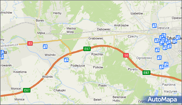 mapa Rzechta gmina Sieradz, Rzechta gmina Sieradz na mapie Targeo