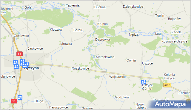 mapa Sierosławice gmina Byczyna, Sierosławice gmina Byczyna na mapie Targeo