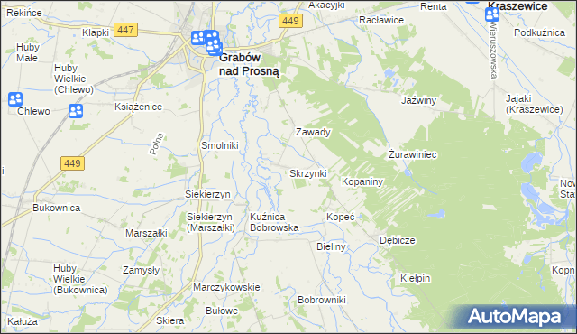 mapa Skrzynki gmina Grabów nad Prosną, Skrzynki gmina Grabów nad Prosną na mapie Targeo