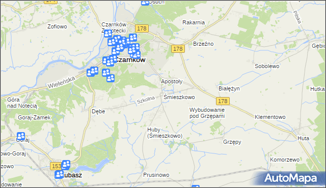 mapa Śmieszkowo gmina Czarnków, Śmieszkowo gmina Czarnków na mapie Targeo