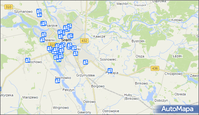 mapa Sosnowiec gmina Śrem, Sosnowiec gmina Śrem na mapie Targeo