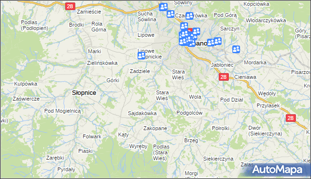 mapa Stara Wieś gmina Limanowa, Stara Wieś gmina Limanowa na mapie Targeo