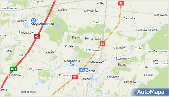 mapa Stefanówka gmina Rozprza, Stefanówka gmina Rozprza na mapie Targeo