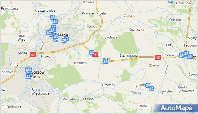mapa Strojec gmina Praszka, Strojec gmina Praszka na mapie Targeo