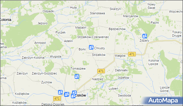 mapa Strzałków gmina Lisków, Strzałków gmina Lisków na mapie Targeo