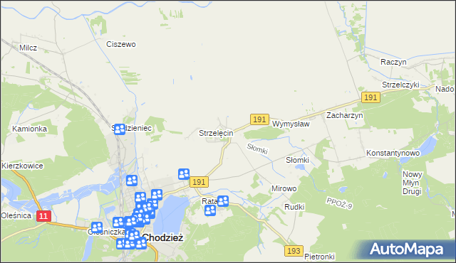 mapa Strzelce gmina Chodzież, Strzelce gmina Chodzież na mapie Targeo