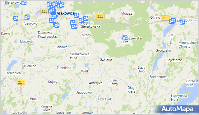 mapa Szklana gmina Sierakowice, Szklana gmina Sierakowice na mapie Targeo