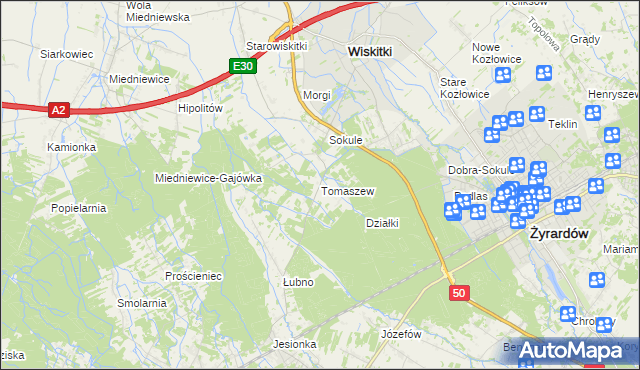 mapa Tomaszew gmina Wiskitki, Tomaszew gmina Wiskitki na mapie Targeo