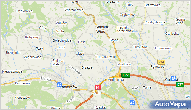 mapa Tomaszowice gmina Wielka Wieś, Tomaszowice gmina Wielka Wieś na mapie Targeo